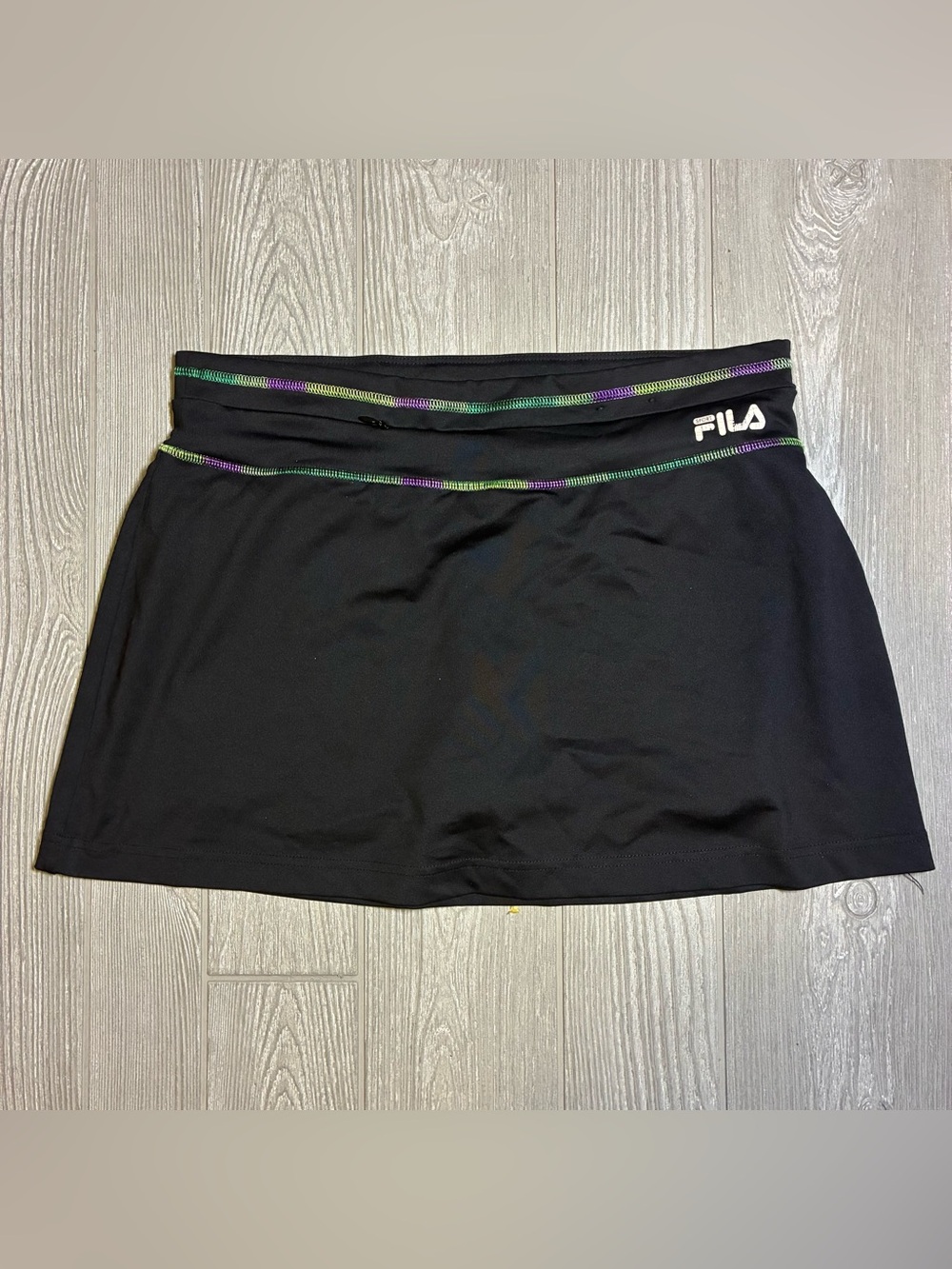 FILA Sport Women's M Athletic Black Pull-On Tennis Skort with Rainbow Trim